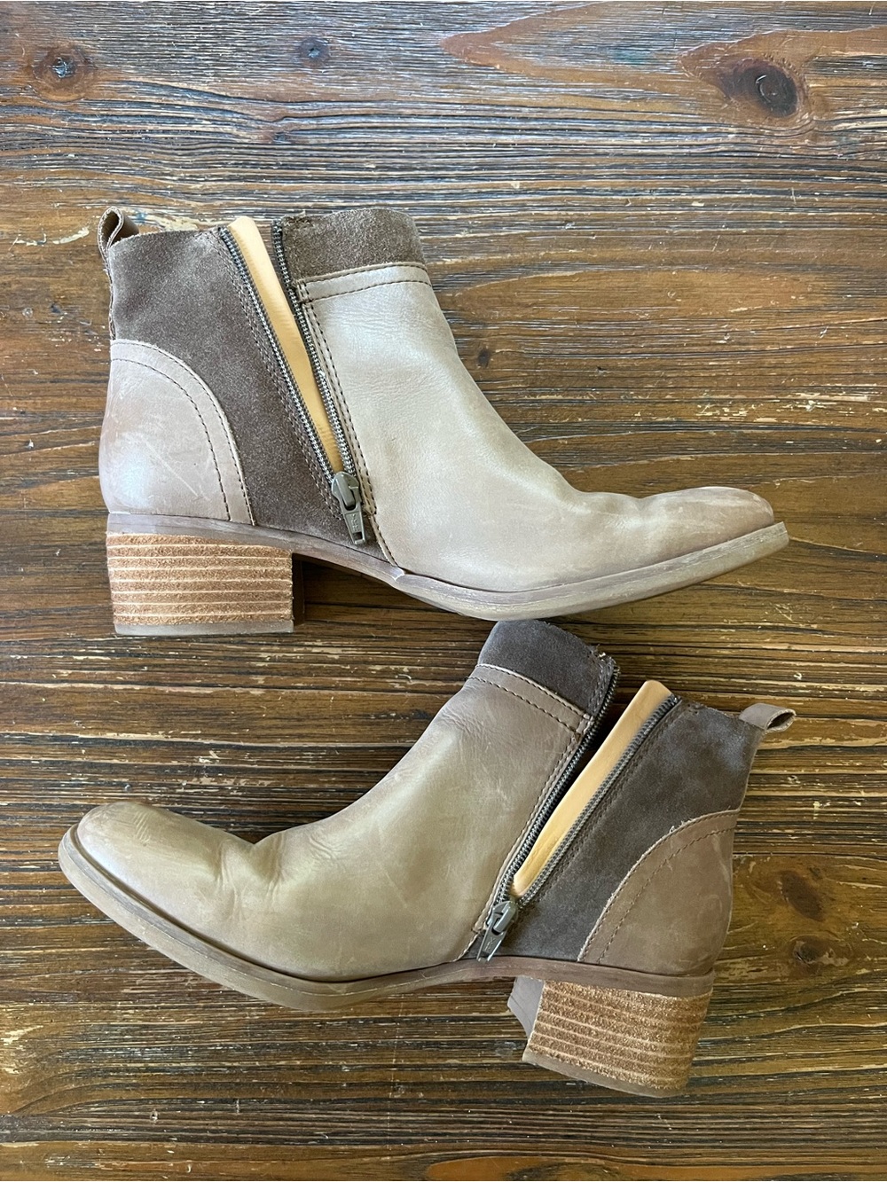 Korks Two-Tone Taupe and Brown Leather Ankle Booties